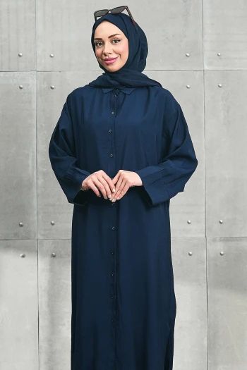 Lacivert Yanları Yırtmaçlı Düğmeli Tunik