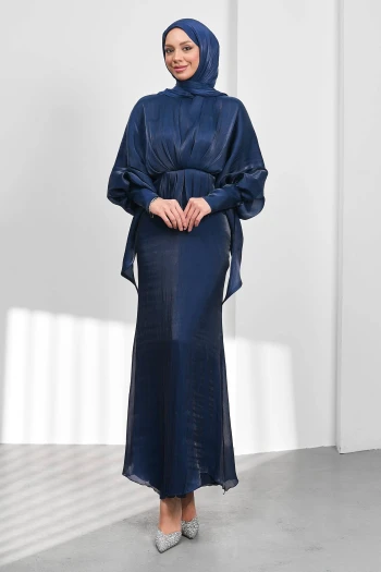 Lacivert Yarasa Kol  Katlı Janjan Abiye