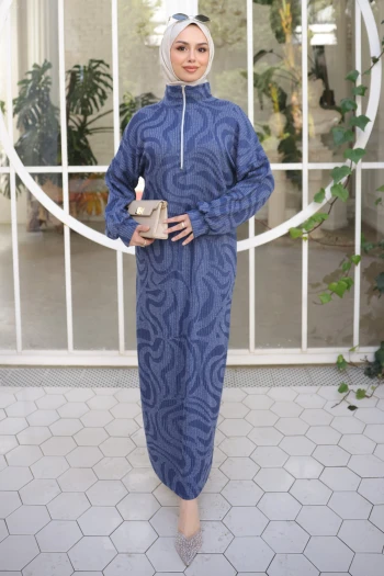 Lacivert Yarım Fermuarlı Fitilli Desenli Elbise