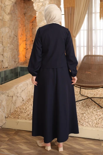 Lacivert Yeleği Düğmeli Yandan Bağlamalı Dabıl Elbise Takım