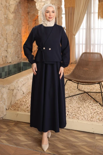 Lacivert Yeleği Düğmeli Yandan Bağlamalı Dabıl Elbise Takım