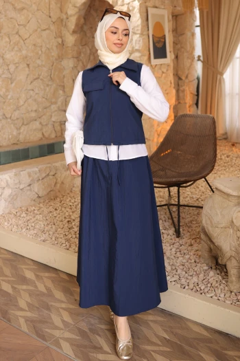 Lacivert Yelek Gömlek Etek Üçlü Takım