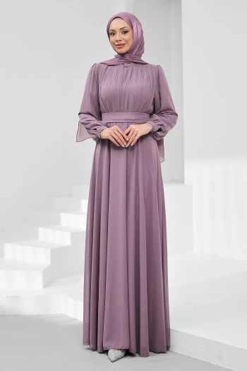 Lila Büyük Beden Ön Piliseli Abiye