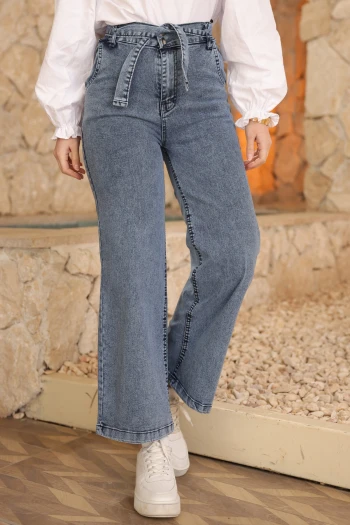 Mavi Bel Kuşaklı Bol Paça Kot Pantolon