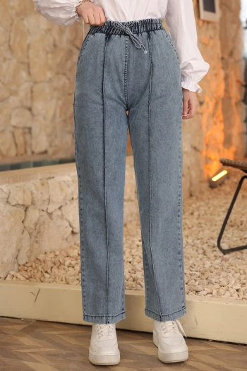 Mavi Bel Lastikli Çimalı Kot Pantolon