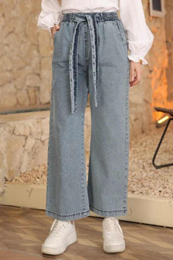 Mavi Beli Kuşaklı Bol Paça Kot Pantolon