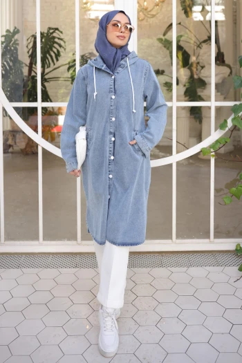 Mavi Kapşonlu Cepli Kot Kap