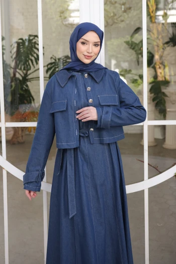 Mavi Kot Ceket Elbise İkili Kombin Takım