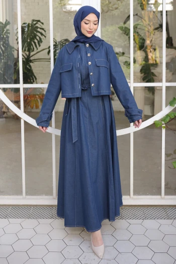 Mavi Kot Ceket Elbise İkili Kombin Takım