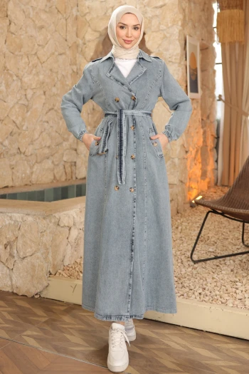 Mavi Kravuze Yaka Düğmeli Trençkot