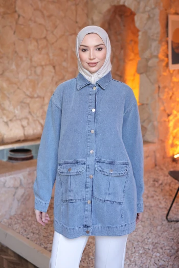Mavi Taş İşlemeli Kot Ceket