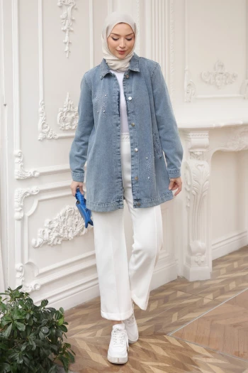 Mavi Taşlı Cepli Kot Ceket