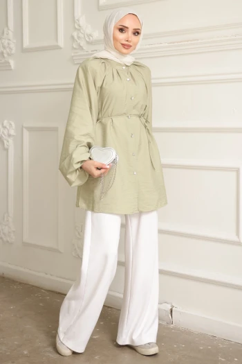 Mint Yeşili Balon Kol Kuşaklı Gömlek