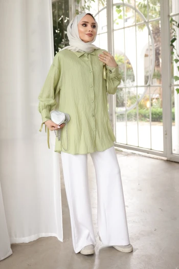 Mint Yeşili Kol Bağlamalı Gömlek