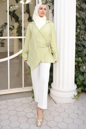 Mint Yeşili Kruvaze Yaka Bel Detaylı Tunik