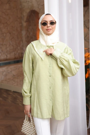 Mint Yeşili NFC-5345 Yaka Nakışlı Düğmeli Gömlek