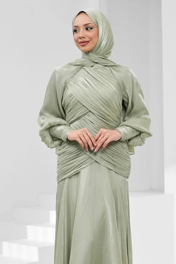 Mint Yeşili Önü Drapeli Balon Kol Işıltılı Abiye