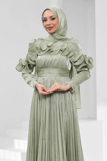 Mint Yeşili Yaka Ve Etek Ucu Fırfırlı Işıltılı Abiye