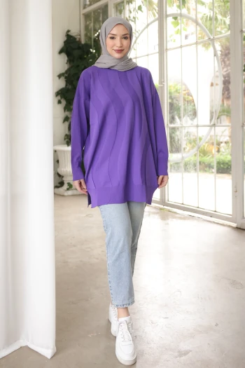 Mor Bisiklet Yaka Soğuk İplik Triko Tunik