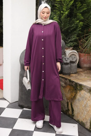 Mor Düğmeli Tunik Pantolonlu Bürümcük Takım