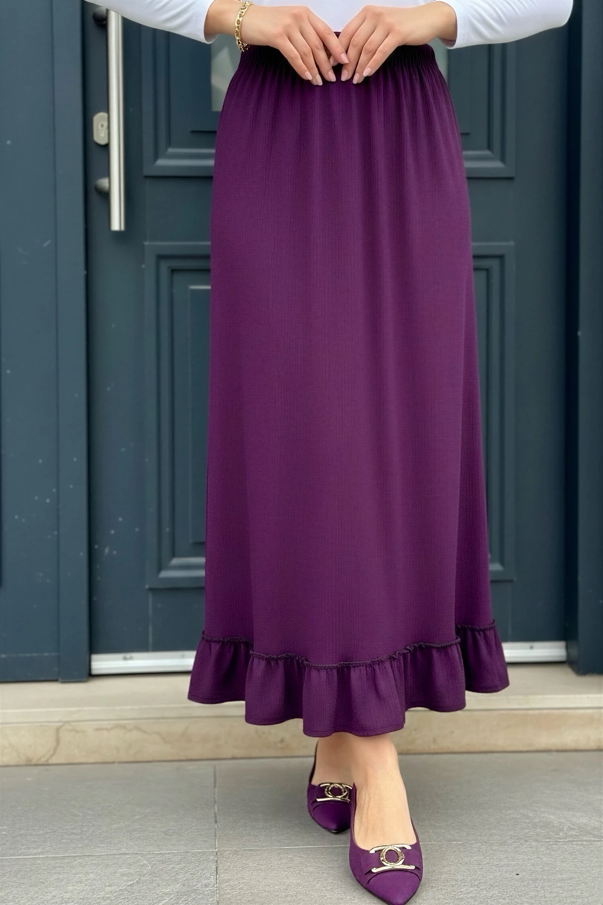 Mor Eteği Katlı Bel Lastikli Bürümcük Etek