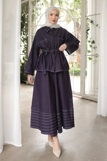 Mürdüm Bel Bağlamalı Ceket Etekli Kot Takım