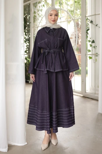 Mürdüm Bel Bağlamalı Ceket Etekli Kot Takım