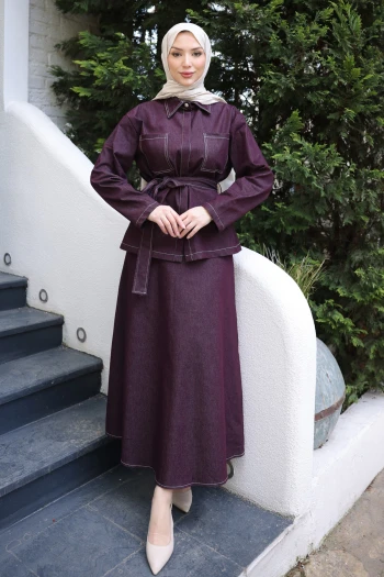 Mürdüm Bel Kuşaklı Çift Cepli Ceket Etekli Takım