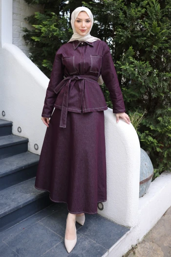 Mürdüm Bel Kuşaklı Çift Cepli Ceket Etekli Takım