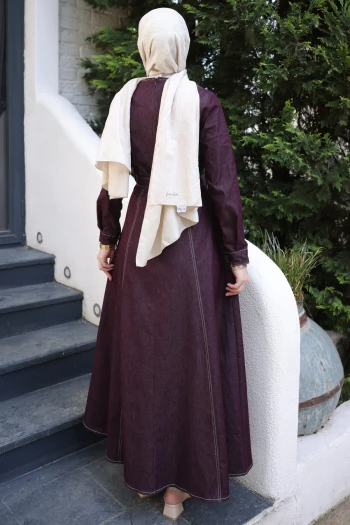 Mürdüm Bisiklet Yaka Kuşaklı Kot Elbise