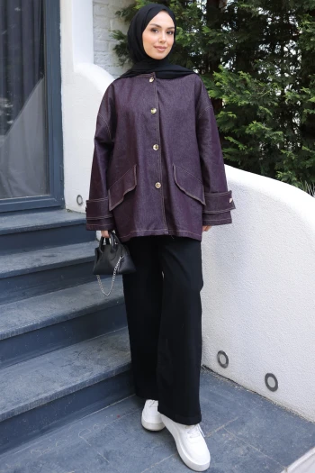 Mürdüm Cepli Düğmeli Oversize Ceket