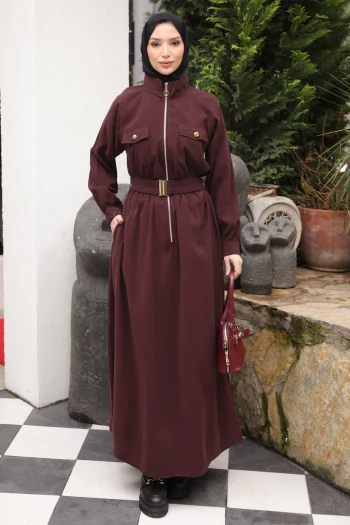 Mürdüm Fermuarlı Lastik Kemerli Elbise