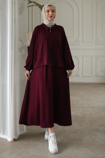 Mürdüm Fermuarlı Sweat Hırka Etekli Modal Takım