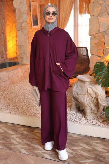 Mürdüm Fermuarlı Tunik Pantolonlu Modal Takım