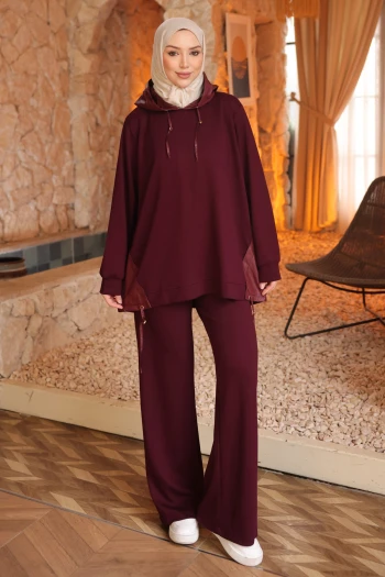 Mürdüm Garnili Kapüşonlu Tunik Pantolonlu Takım