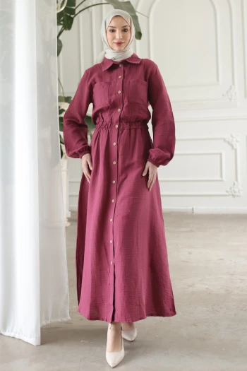 Mürdüm Kol Ve Bel Lastikli Düğmeli Çift Cepli Elbise