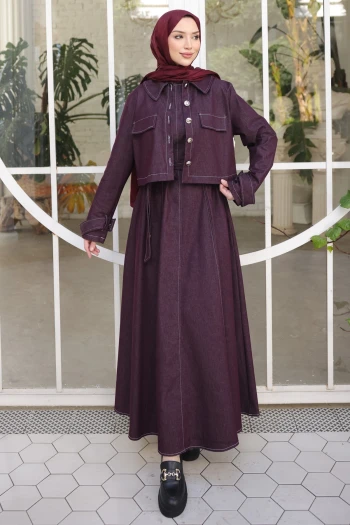 Mürdüm Kot Ceket Elbise İkili Kombin Takım