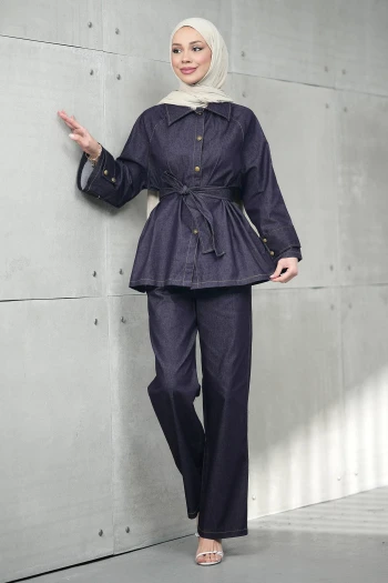 Mürdüm Kuşaklı Ceket Pantolonlu Kot Takım