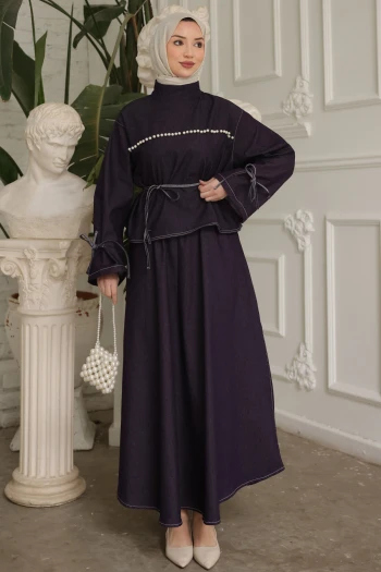 Mürdüm Önü İncili Bağlama Detaylı Etekli Kot Takım