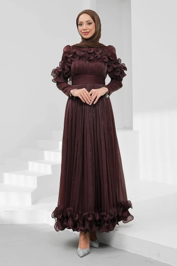 Mürdüm Yaka Ve Etek Ucu Fırfırlı Işıltılı Abiye