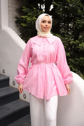 Pembe Bebe Yaka Bel Bağlamalı Gömlek