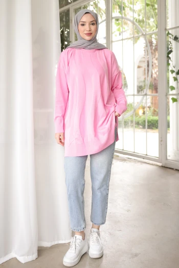 Pembe Bisiklet Yaka Soğuk İplik Triko Tunik