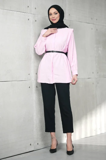 Pembe Gizli Patlı Belden Kemerli Modal Dokuma Tunik