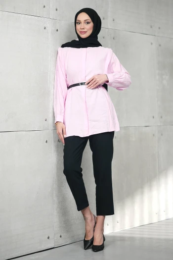 Pembe Gizli Patlı Belden Kemerli Modal Dokuma Tunik
