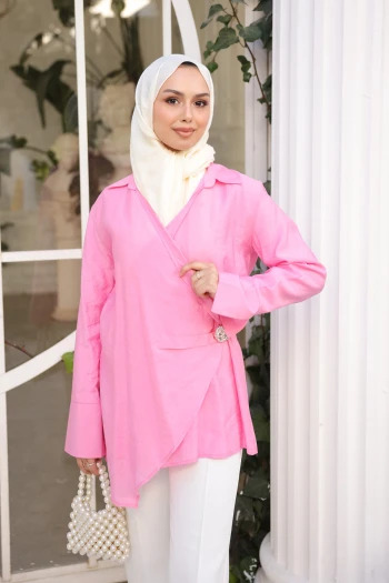 Pembe Kruvaze Yaka Bel Detaylı Tunik