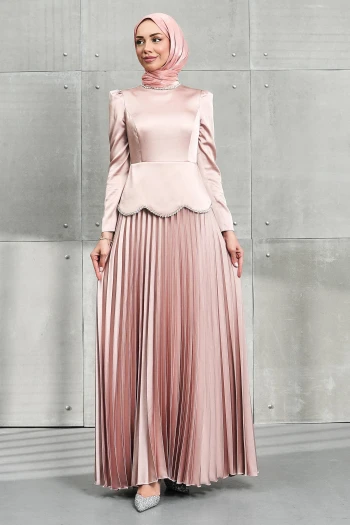 Pudra Beli Taş Detaylı Etek Pileli Saten Abiye