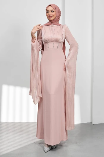 Pudra Kol Detaylı Balık Model Taşlı Abiye