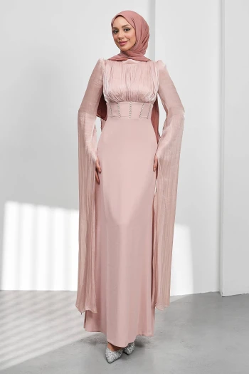 Pudra Kol Detaylı Balık Model Taşlı Abiye