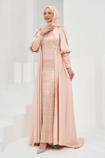 Pudra Kuyruklu Boncuk İşlemeli Saten Abiye