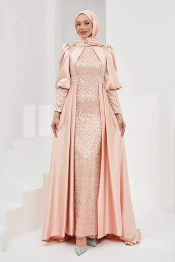 Pudra Kuyruklu Boncuk İşlemeli Saten Abiye